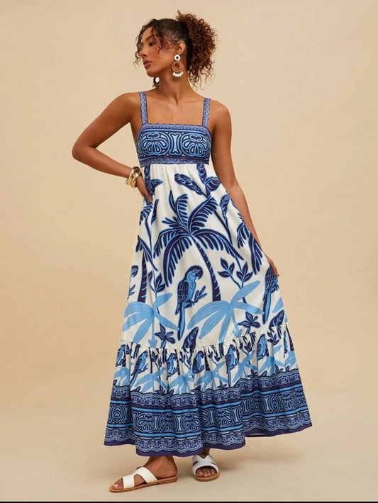 🕊️ VESTIDO LONGO ARARAS E COQUEIROS – AZUL & BRANCO
