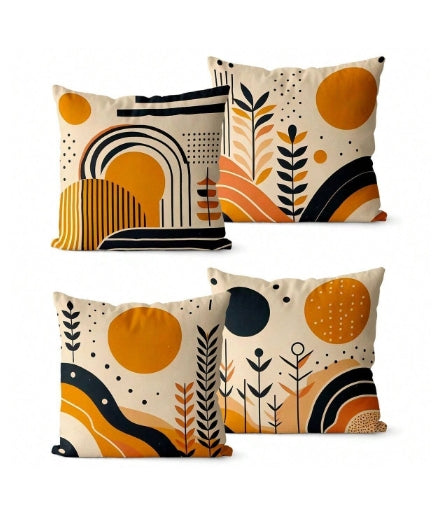 🌞 Kit 4 Capas de Almofadas Decorativas 45x45 – Sol e Folhas em Amarelo e Preto