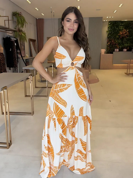 ✨ Vestido Maxi Tropical com Alças Finas