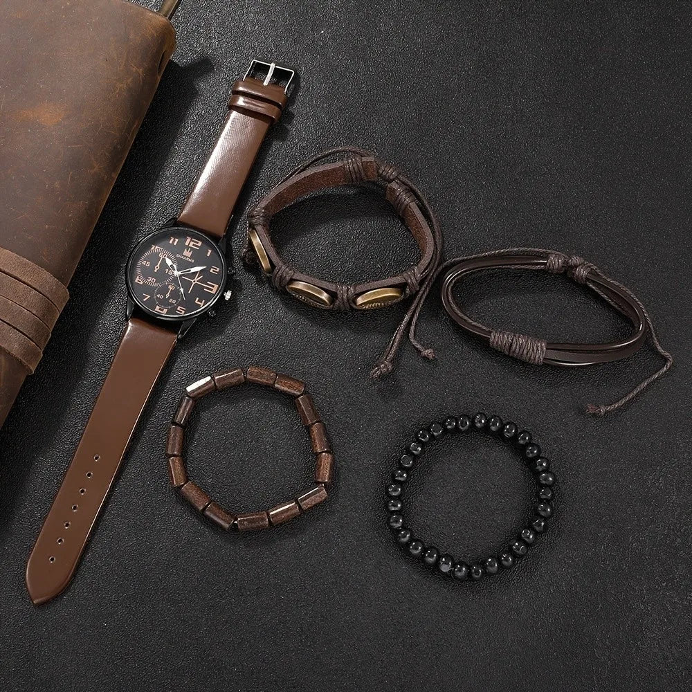 Kit Relógio Masculino 5pcs com Pulseira de Couro PU